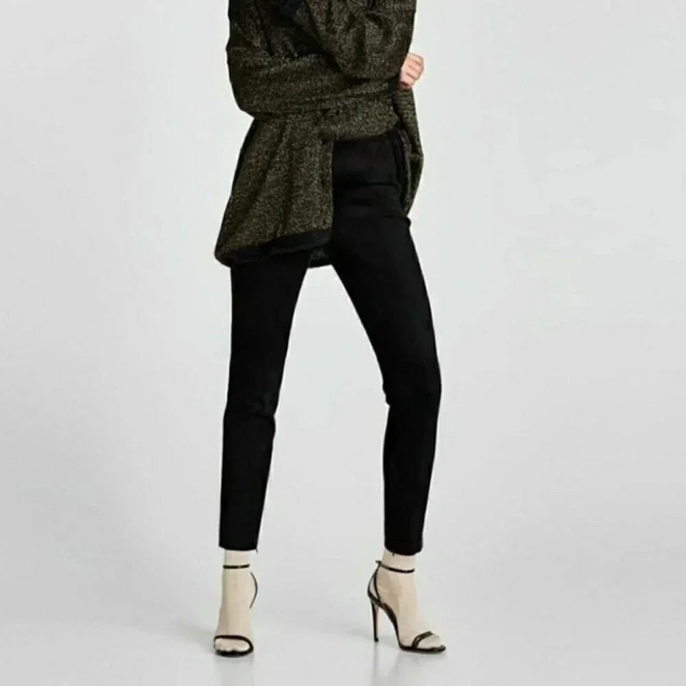 Zara Black High Rise Faux Suede Leggings Ankle Zip Size Small